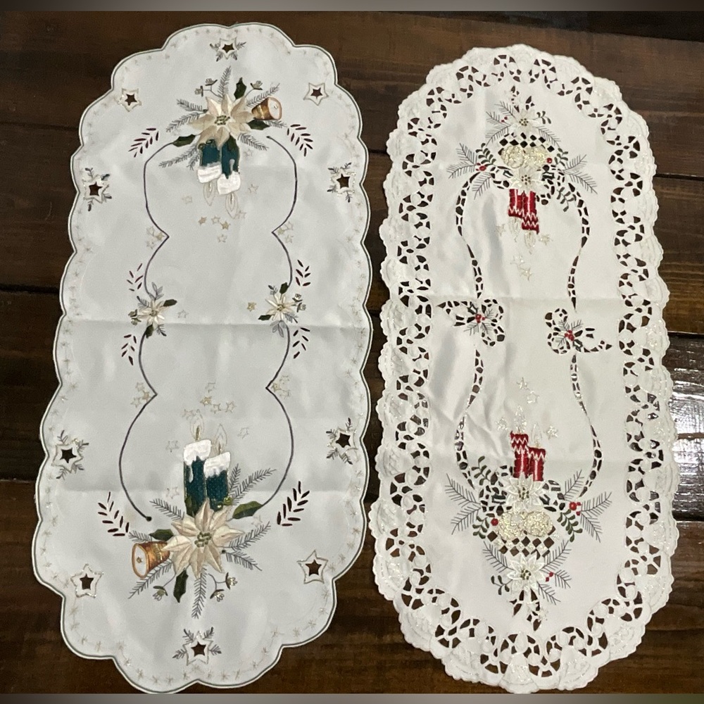 Lot of 2 Christmas Embroidered Table Runners Candles 34” x 15”